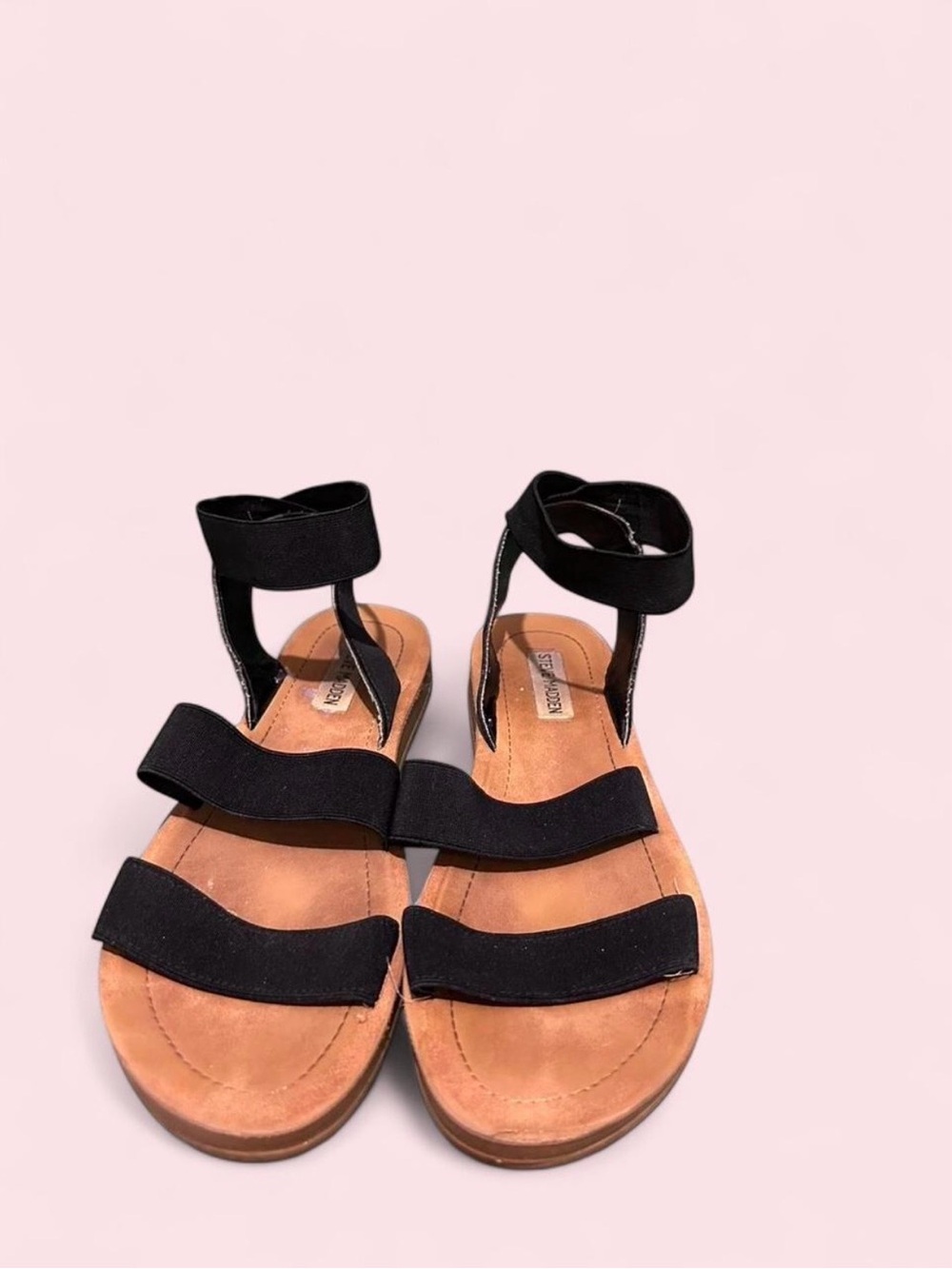 Steve Madden Black Strappy Ankle-Wrap Sandals with Tan Footbed